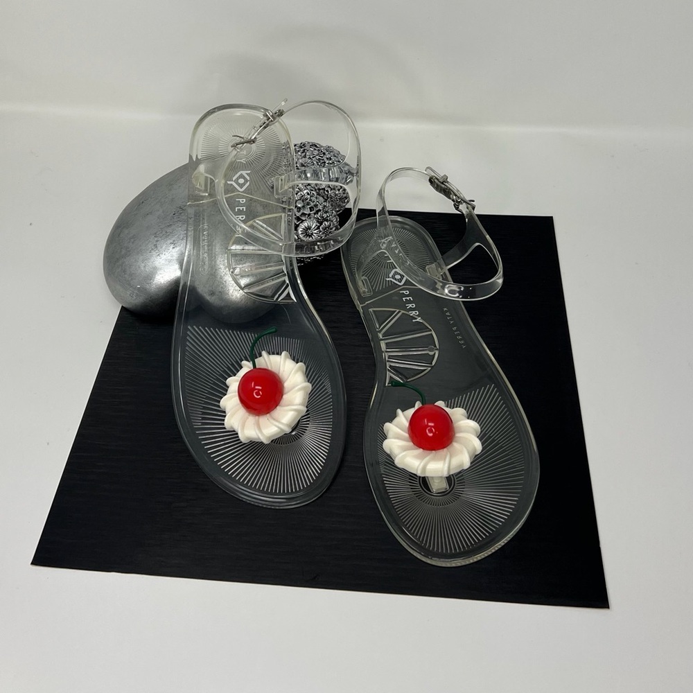 Katy Perry Collections Clear Jelly Sandals with Red Cherry and White Flower - Picture 8 of 16